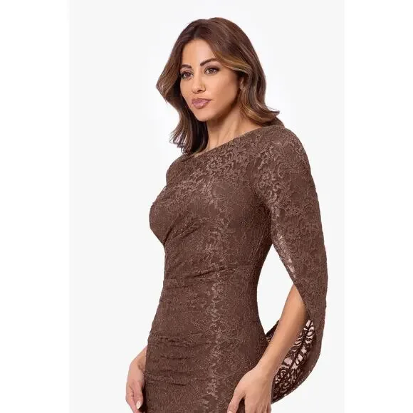 Betsy & Adam Women's Embellished Glitter-Lace Capelet Gown Brown Size 4 NWT